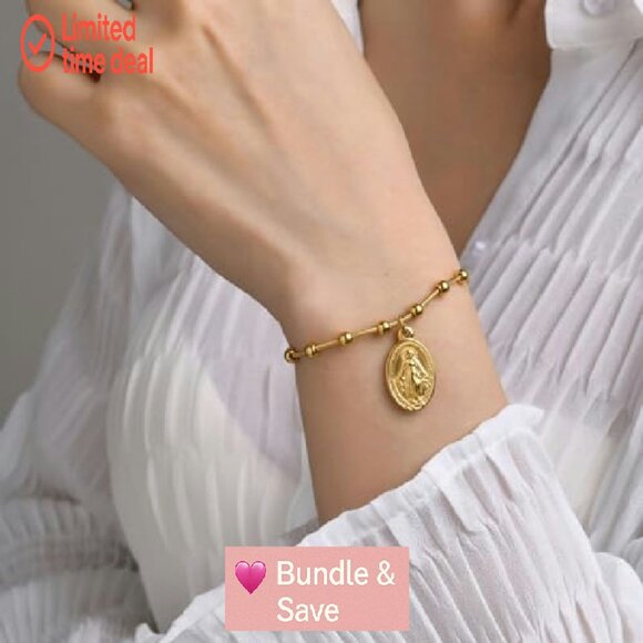 14k Gold Plated Virgin Mary Rosary Bracelet, Adjustable Stainless Steel - Picture 6 of 8